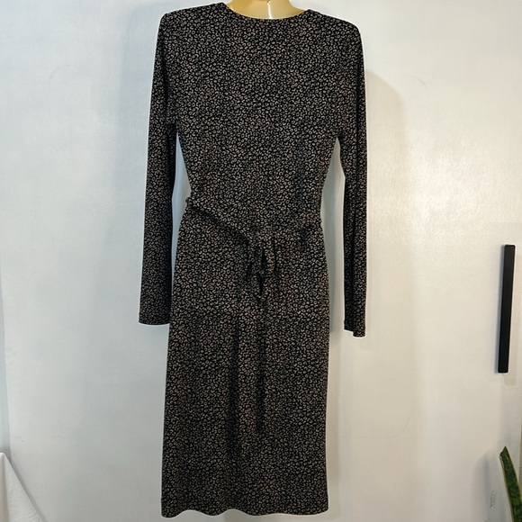 ANN TAYLOR WRAP DRESS WOMEN SIZE 6 BLACK TAN LONG SLEEVE ANIMAL PRINT - Picture 3 of 15